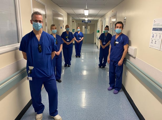 ITU staff at South Tyneside District Hospital. Dr Christian Frey (front), Dr Riccardo Scano (right),  ICCU coordinator Lousie Rowe (left).