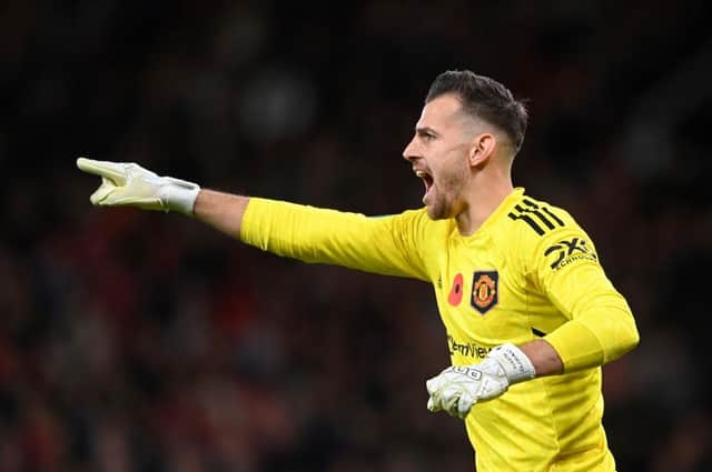MANCHESTER, ENGLAND - NOVEMBER 10: Manchester United goalkeeper Martin Dubravka organises his defence during the Carabao Cup Third Round match between Manchester United and Aston Villa at Old Trafford on November 10, 2022 in Manchester, England. (Photo by Stu Forster/Getty Images)