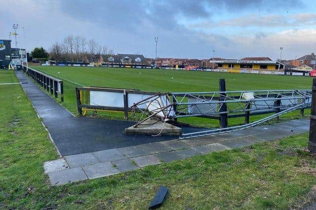 The collapsed floodlight at Hebburn Town FC.