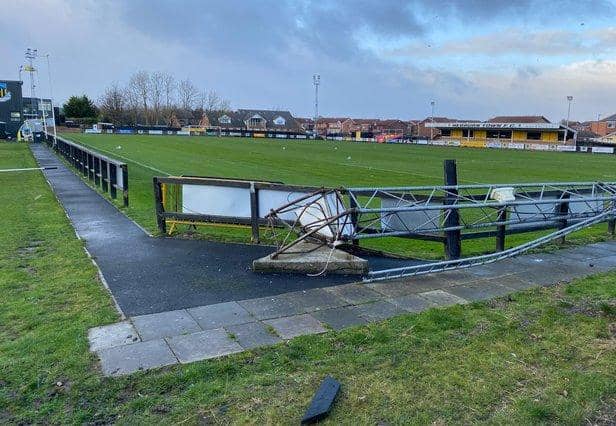 The collapsed floodlight at Hebburn Town FC.