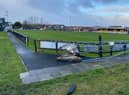 The collapsed floodlight at Hebburn Town FC.
