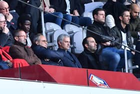 Lille's general manager Marc Ingla (front L) and Lille's Portuguese sports director Luis Campos (front 2L) sits next to former Manchester United manager Jose Mourinho (front 2R) as they watch the French L1 football match Lille (LOSC) vs Montpellier (MHSC) on Februrary 17, 2019 at the Pierre Mauroy Stadium in Villeneuve-d'Ascq, northern France.