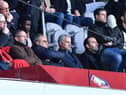 Lille's general manager Marc Ingla (front L) and Lille's Portuguese sports director Luis Campos (front 2L) sits next to former Manchester United manager Jose Mourinho (front 2R) as they watch the French L1 football match Lille (LOSC) vs Montpellier (MHSC) on Februrary 17, 2019 at the Pierre Mauroy Stadium in Villeneuve-d'Ascq, northern France.