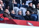 Lille's general manager Marc Ingla (front L) and Lille's Portuguese sports director Luis Campos (front 2L) sits next to former Manchester United manager Jose Mourinho (front 2R) as they watch the French L1 football match Lille (LOSC) vs Montpellier (MHSC) on Februrary 17, 2019 at the Pierre Mauroy Stadium in Villeneuve-d'Ascq, northern France.