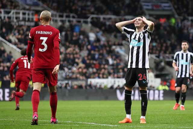 Miguel Almiron of Newcastle United reacts during the Premier League match between Newcastle United and Liverpool FC at St. James Park on February 18, 2023 in Newcastle upon Tyne, England. (Photo by George Wood/Getty Images)