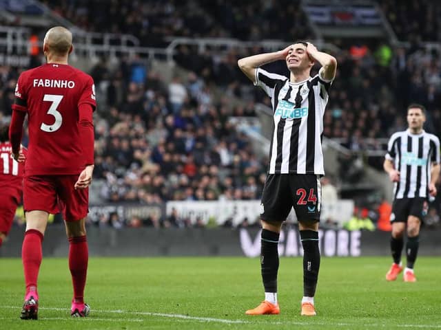 Miguel Almiron of Newcastle United reacts during the Premier League match between Newcastle United and Liverpool FC at St. James Park on February 18, 2023 in Newcastle upon Tyne, England. (Photo by George Wood/Getty Images)