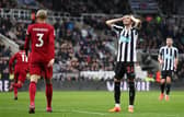 Miguel Almiron of Newcastle United reacts during the Premier League match between Newcastle United and Liverpool FC at St. James Park on February 18, 2023 in Newcastle upon Tyne, England. (Photo by George Wood/Getty Images)