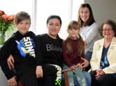 South Tyneside Councillor Ruth Berkley meets Ukrainian refugees Larysa Hutsuliak and her children David and Eva, along with their host Victoria Hayden.
