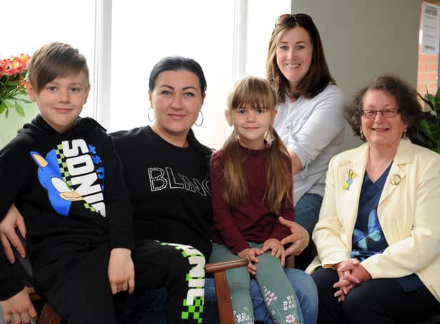 South Tyneside Councillor Ruth Berkley meets Ukrainian refugees Larysa Hutsuliak and her children David and Eva, along with their host Victoria Hayden.