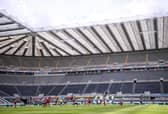 NEWCASTLE UPON TYNE, ENGLAND - JULY 26: A General view of play during the Premier League match between Newcastle United and Liverpool FC at St. James Park on July 26, 2020 in Newcastle upon Tyne, England. Football Stadiums around Europe remain empty due to the Coronavirus Pandemic as Government social distancing laws prohibit fans inside venues resulting in games being played behind closed doors. (Photo by Laurence Griffiths/Getty Images)