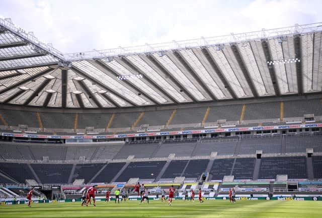 NEWCASTLE UPON TYNE, ENGLAND - JULY 26: A General view of play during the Premier League match between Newcastle United and Liverpool FC at St. James Park on July 26, 2020 in Newcastle upon Tyne, England. Football Stadiums around Europe remain empty due to the Coronavirus Pandemic as Government social distancing laws prohibit fans inside venues resulting in games being played behind closed doors. (Photo by Laurence Griffiths/Getty Images)