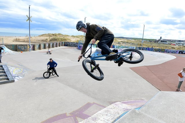 Bank holiday fun at South Shields skate park with BMX rider Kyle Raine.