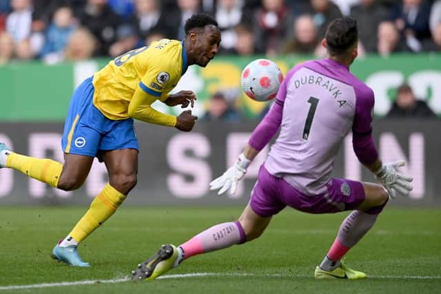Danny Welbeck of Brighton & Hove Albion has a shot saved by Martin Dubravka of Newcastle United during the Premier League match between Newcastle United and Brighton & Hove Albion at St. James Park on March 05, 2022 in Newcastle upon Tyne, England. (Photo by Stu Forster/Getty Images)