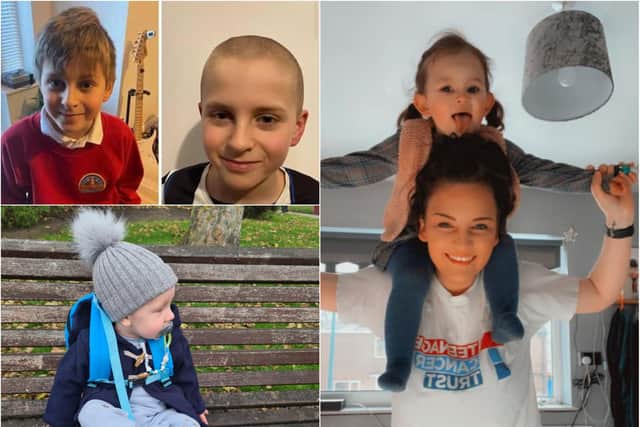 Clockwise from top left; Joseph has head shaved, Kristal Warburton with her daughter and Leon on a sponsored toddle.