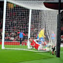 Nathan Broadhead scores at the Emirates