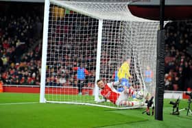 Nathan Broadhead scores at the Emirates