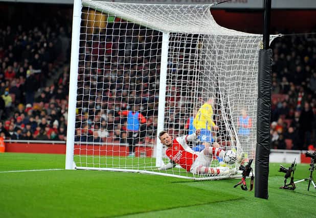 Nathan Broadhead scores at the Emirates