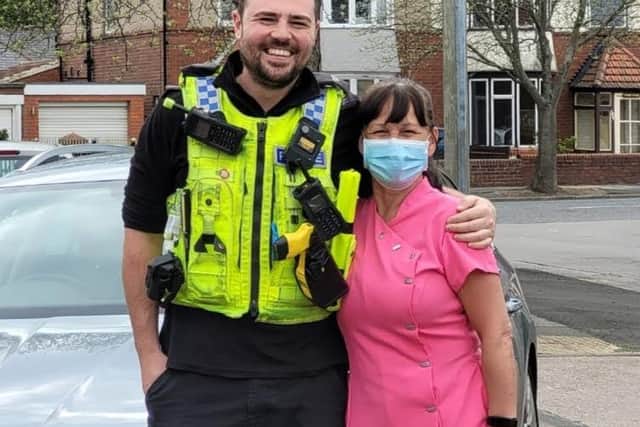 (from left) Traffic officer Thomas Wade and Willowdene Care Home and maître d’ Christine Chandler.