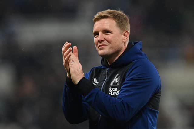 Eddie Howe, Manager of Newcastle United applauds the fans following their side's victory in the Premier League match between Newcastle United and Arsenal at St. James Park on May 16, 2022 in Newcastle upon Tyne, England. (Photo by Stu Forster/Getty Images)