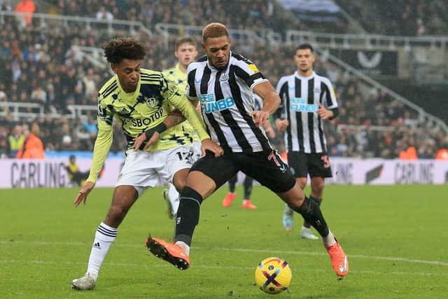 Leeds United's US midfielder Tyler Adams (L) vies with Newcastle United's Brazilian striker Joelinton during the English Premier League football match between Newcastle United and Leeds United at St James' Park in Newcastle-upon-Tyne, north east England on December 31, 2022. (Photo by LINDSEY PARNABY/AFP via Getty Images)
