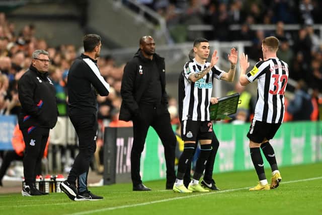 Miguel Almiron of Newcastle United replaces Elliot Anderson of Newcastle United during the Carabao Cup Third Round match between Newcastle United and Crystal Palace at St James' Park on November 09, 2022 in Newcastle upon Tyne, England. (Photo by Stu Forster/Getty Images)