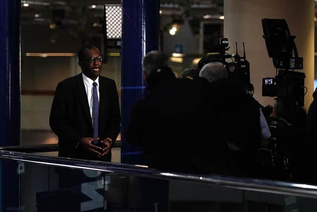 Chancellor of the Exchequer Kwasi Kwarteng speaking to the media ahead of the Conservative Party annual conference at the International Convention Centre in Birmingham