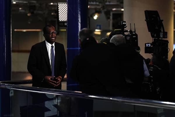 Chancellor of the Exchequer Kwasi Kwarteng speaking to the media ahead of the Conservative Party annual conference at the International Convention Centre in Birmingham