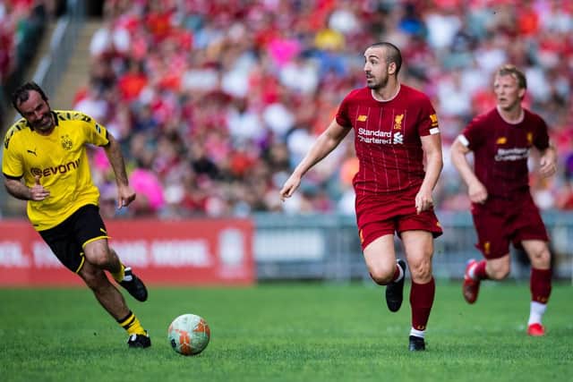 Former Newcastle United defender Jose Enrique playing for Liverpool Legends in 2019.
