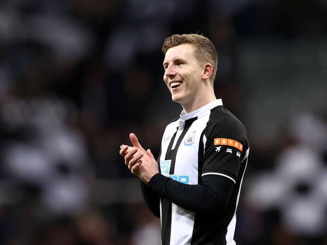 Matt Targett of Newcastle United applauds the fans after the Premier League match between Newcastle United and Wolverhampton Wanderers at St. James Park on April 08, 2022 in Newcastle upon Tyne, England. (Photo by Naomi Baker/Getty Images)