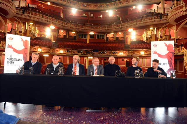 The launch of the Sunderland Story at Sunderland Empire today (from left) producer Sean Marley, writer Nicky Allt, club historian Rob Mason, SAFC chief operating officer Steve Davison, head coach Tony Mowbray, chairman Kyril Louis-Dreyfus and SAFC press officer Oscar Chamberlain