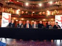 The launch of the Sunderland Story at Sunderland Empire today (from left) producer Sean Marley, writer Nicky Allt, club historian Rob Mason, SAFC chief operating officer Steve Davison, head coach Tony Mowbray, chairman Kyril Louis-Dreyfus and SAFC press officer Oscar Chamberlain