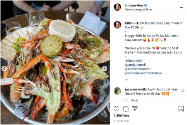 TOWIE star Bille Mucklow posted a snap of the family's seafood feast at Colmans in South Shields on her Instagram account. Image: Billie Mucklow/Instagram.