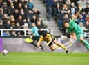 Raul Jimenez of Wolverhampton Wanderers and Nick Pope of Newcastle United collide during the Premier League match between Newcastle United and Wolverhampton Wanderers at St. James Park on March 12, 2023 in Newcastle upon Tyne, England. (Photo by Michael Regan/Getty Images)