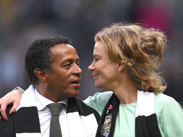Newcastle co-owner Amanda Staveley with director Majed Al Sorour on a pitch walk during half time during the Premier League match between Newcastle United and Arsenal at St. James Park on May 16, 2022 in Newcastle upon Tyne, England. (Photo by Stu Forster/Getty Images)
