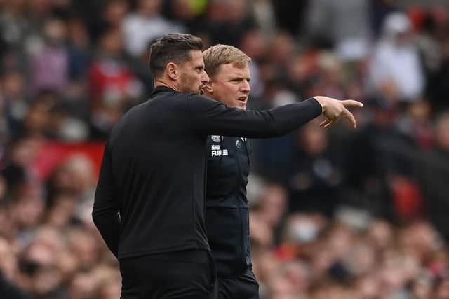 Newcastle United head coach Eddie Howe, right, with Jason Tindall, his assistant, at Old Trafford.