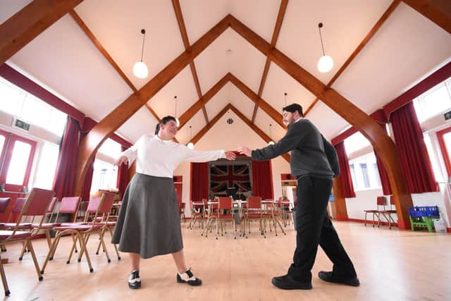 Lisa Powell, an engager from Hebburn, and Regan Inglis from Consett enjoy a socially distanced Rock and Roll dance in the 1950s  Community Hall at Beamish Museum.