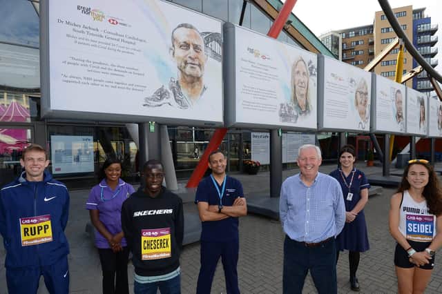 (from left) Galen Rupp, USA 2012 Olympic Silver & 2016 Olympic Bronze Medallist; Community Nurse Dorathy Oparaeche from Northumbria Healthcare; Ed Cheserek, Kenyan National Record Holder; Dr Mickey Jachuck, Consultant Cardiologist from South Tyneside District Hospital; Sir Brendan Foster; Charge Nurse Jade Trewick from the RVI Newcastle, and Molly Seidel, USA Tokyo 2021 Olympic Marathon Bronze Medallist 2021