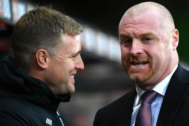 Eddie Howe talks to Sean Dyche during a match between Burnley and Bournemouth (Photo by Dan Mullan/Getty Images)