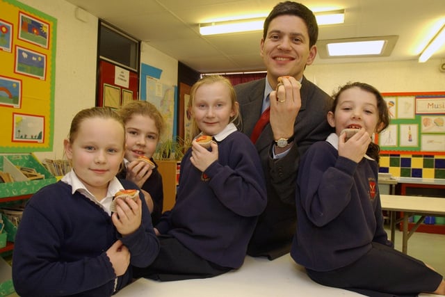David Miliband with pupils from Ashley Primary School who baked cakes in aid of the Little Hearts Matter cause 16 years ago.