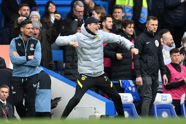 Thomas Tuchel, Manager of Chelsea reacts after Kai Havertz (not pictured) scores their sides first goal during the Premier League match between Chelsea and Newcastle United at Stamford Bridge on March 13, 2022 in London, England. (Photo by Clive Mason/Getty Images)
