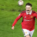 LEIGH, ENGLAND - JANUARY 14: Joe Hugill of Manchester United celebrates after scoring the team's second goal during the Premier League 2 match between Manchester United U21 and Liverpool U21 at Leigh Sports Village on January 14, 2023 in Leigh, England. (Photo by Manchester United/Manchester United via Getty Images)