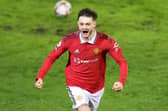 LEIGH, ENGLAND - JANUARY 14: Joe Hugill of Manchester United celebrates after scoring the team's second goal during the Premier League 2 match between Manchester United U21 and Liverpool U21 at Leigh Sports Village on January 14, 2023 in Leigh, England. (Photo by Manchester United/Manchester United via Getty Images)