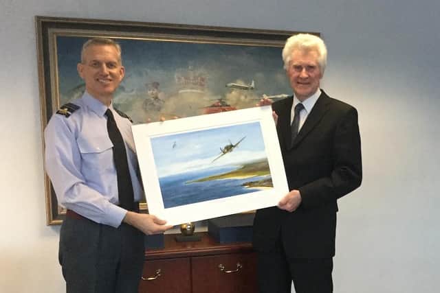 Air Chief Marshall Sir Stephen John Hillier at Strike Command receiving a print from Denis's painting "The Hero of Tyneside" which was donated to the RAF Benevolent Fund in February 2019.