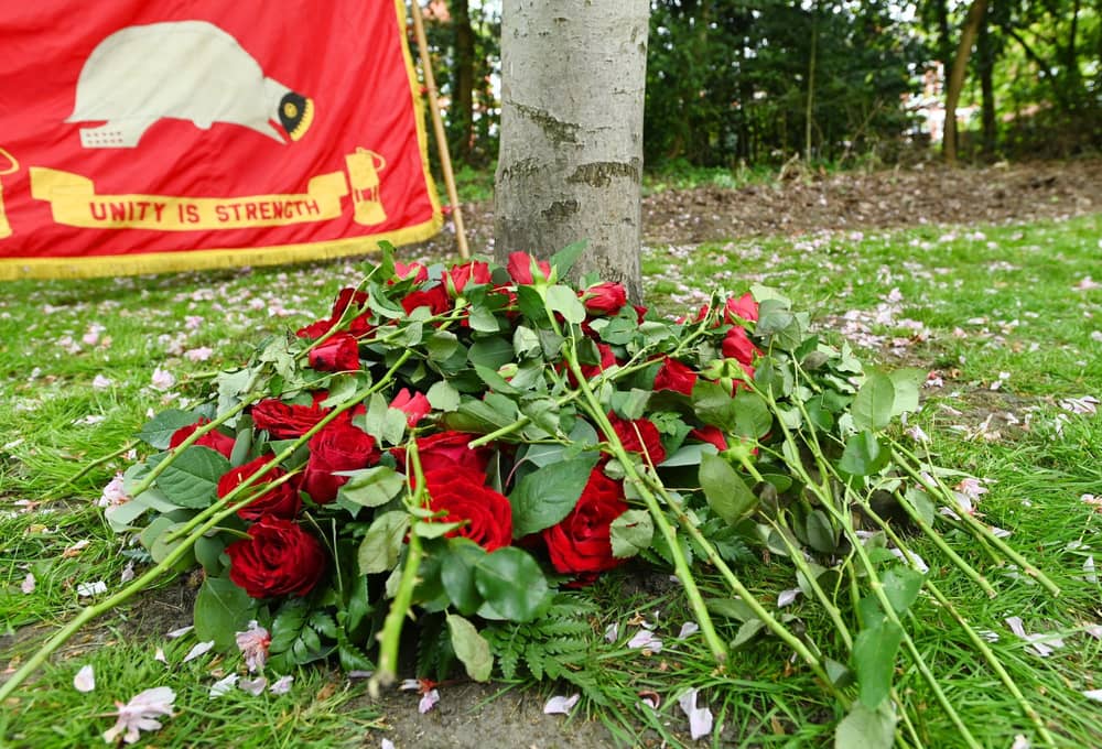Flowers at a service held for International Workers' Memorial Day.