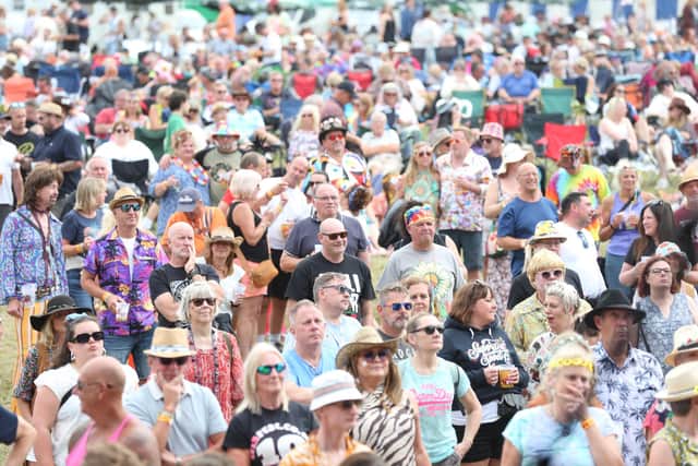 Happy festival goers enjoy listening to the bands in the sun. Pic Dave Losthouse