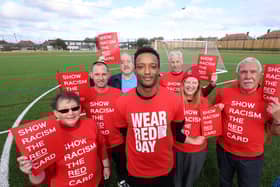 Left to right: Councillor Ruth Berkley, Lead Member for the Voluntary Sector, Partnerships and Equalities; Scott Oliver, Manager of Jarrow Football Club; Councillor Jim Foreman, Lead Member for Housing and Community Safety; Richard Offiong from SRtRC; Steve Camm, Foundation Manager at South Shields Football Club; Sue Schofield, SRtRC’s Education Team Manager, Vin Pearson, Chairman of Hebburn Town Football Club
