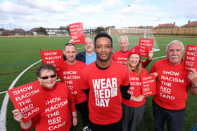 Left to right: Councillor Ruth Berkley, Lead Member for the Voluntary Sector, Partnerships and Equalities; Scott Oliver, Manager of Jarrow Football Club; Councillor Jim Foreman, Lead Member for Housing and Community Safety; Richard Offiong from SRtRC; Steve Camm, Foundation Manager at South Shields Football Club; Sue Schofield, SRtRC’s Education Team Manager, Vin Pearson, Chairman of Hebburn Town Football Club