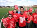 Left to right: Councillor Ruth Berkley, Lead Member for the Voluntary Sector, Partnerships and Equalities; Scott Oliver, Manager of Jarrow Football Club; Councillor Jim Foreman, Lead Member for Housing and Community Safety; Richard Offiong from SRtRC; Steve Camm, Foundation Manager at South Shields Football Club; Sue Schofield, SRtRC’s Education Team Manager, Vin Pearson, Chairman of Hebburn Town Football Club