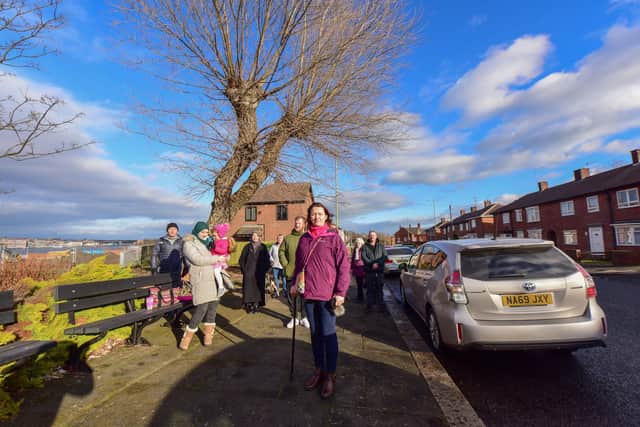 Rachael Milne (front)  and members of the South Tyneside Tree Action Group and local residents, trying to protect the last of five trees that have recently been cut down in Commercial Road, South Shields