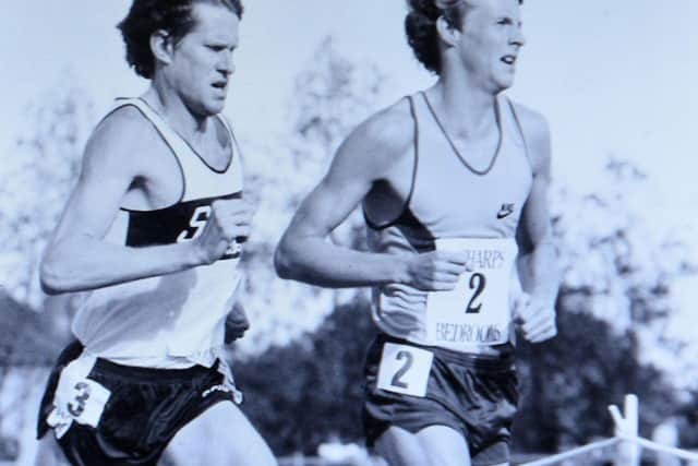 Steve Cram in his heyday, slightly ahead of the great New Zealander John Walker.